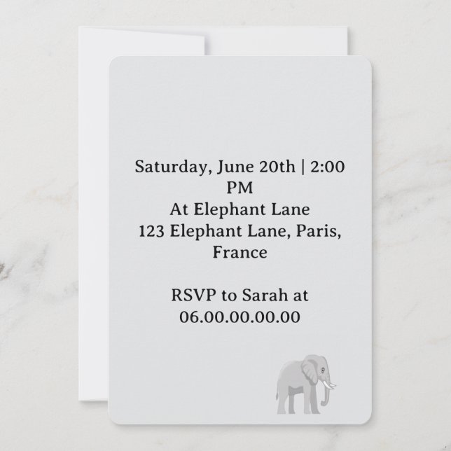 Invitation Fête de bienvenue du petit éléphant  (Dos)