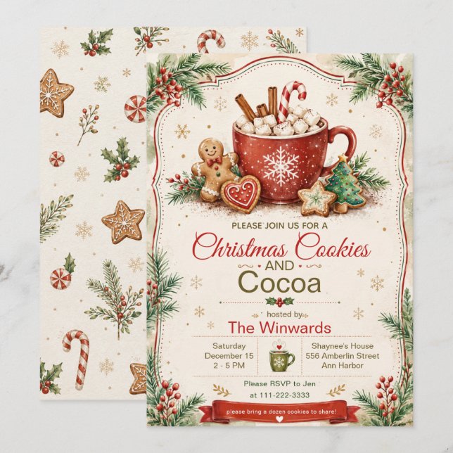 Invitation Fête de biscuits de Noël et de cacao (Devant / Derrière)