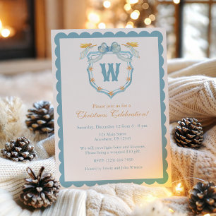 Invitation Fête de blason de monogramme d'ange bleu et or aqu