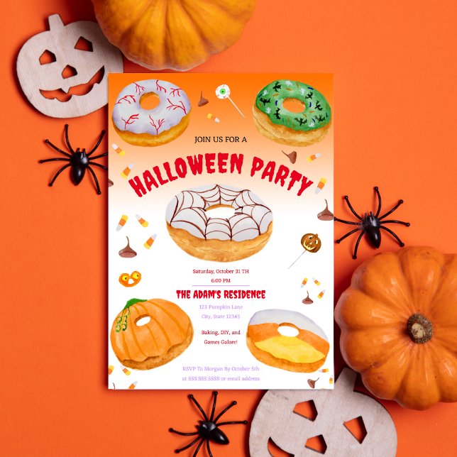 Invitation Fête de bonbons d'Halloween à l'aquarelle (Spook up your Halloween party with our cute and customizable watercolor donuts invitation!)