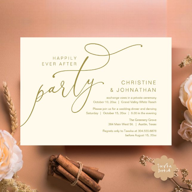 Invitation Fête de bonheur éternel, dîner romantique dansant (Happily Ever After Party, Romantic Modern Elopement Dinner Dancing Invites Card PDF Yellow Gold)