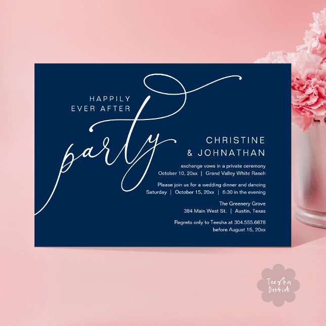 Invitation Fête de bonheur éternel, dîner romantique dansant (Happily Ever After Party, Romantic Modern Elopement Dinner Dancing Invites Card PDF Navy Blue)