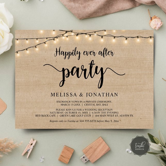 Invitation Fête de bonheur éternel, Fuite amoureuse aux guirl (Happily Ever After party, Wedding Elopement Dinner Invites, String Lights Rustic Wood, downloadable)