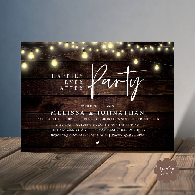 Invitation Fête de bonheur éternel, guirlandes rustiques (Happily Ever After Party, Rustic Wedding String Lights Invitation card, Reception Brown Wood )