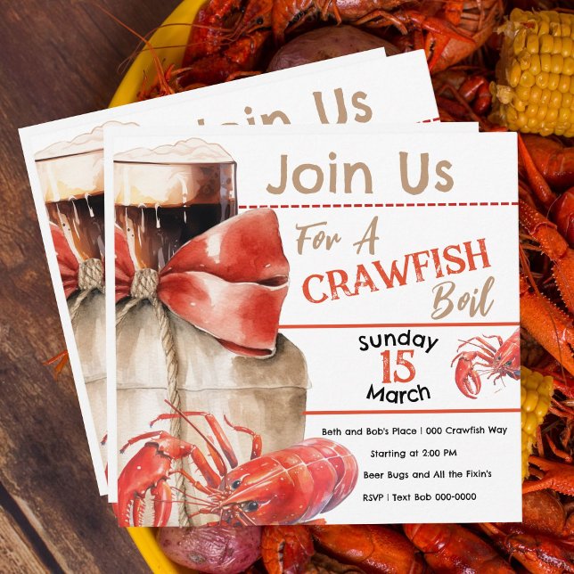 Invitation Fête de boue de langouste (Crawfish and crayfish boil party invitations you can customize.  Cute red crawfish and beer, burlap.)