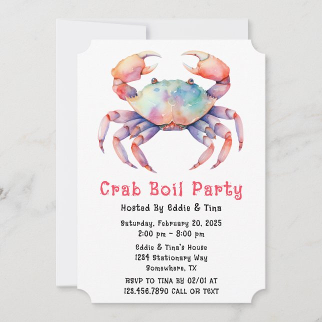 Invitation Fête de boule de crabe à l'aquarelle branchée ou f (Devant)