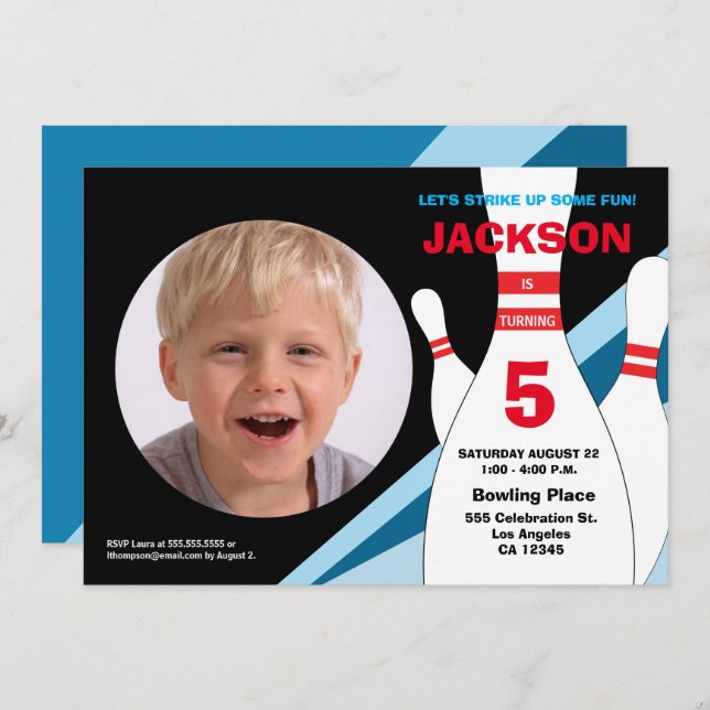 Invitation Fête de bowling de 5e anniversaire bleu rouge jaun (Devant / Derrière)
