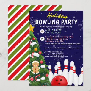 Invitation Fête de bowling de Noël Arbre Arrière - plan bleu