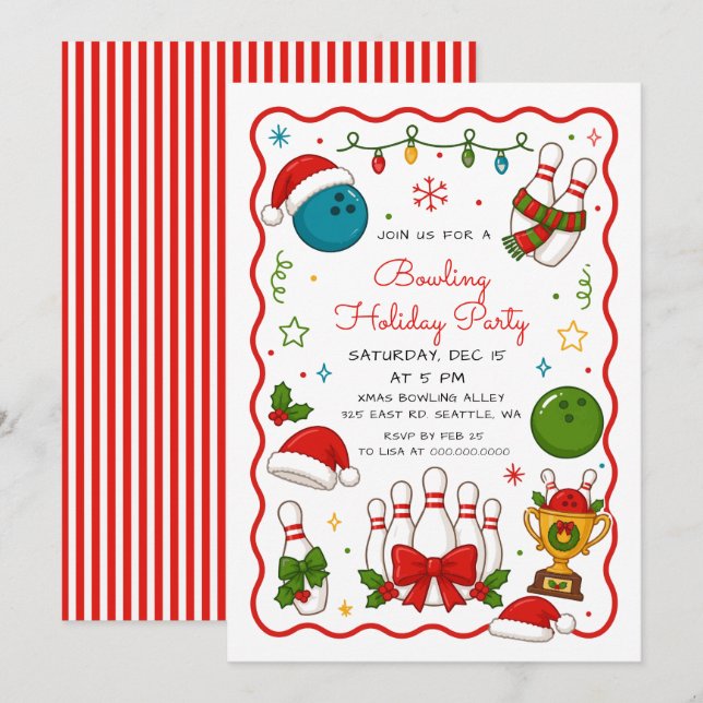 Invitation Fête de bowling des vacances de Noël (Devant / Derrière)