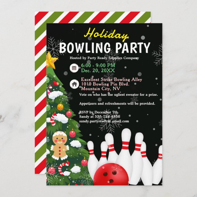 Invitation Fête de Bowling Xmas Tree Arrière - plan noir (Devant / Derrière)