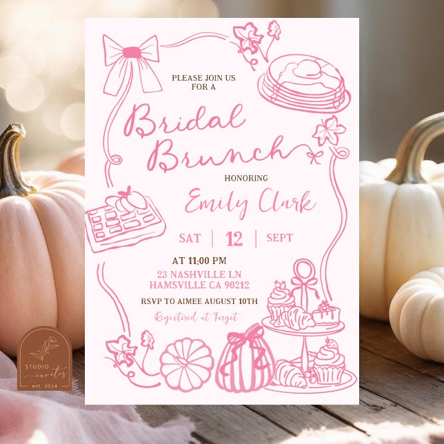 Invitation Fête de brunch de mariage rose dessinée à la main (Créateur téléchargé)