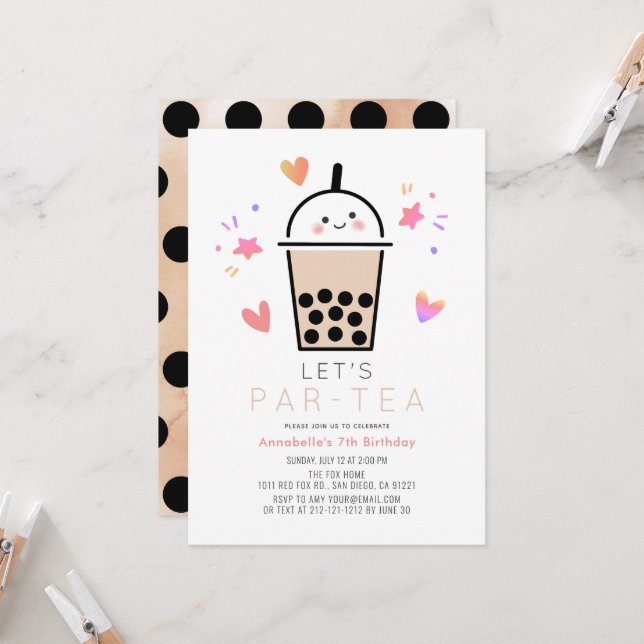 Invitation Fête de Bubble Tea Boba Par-té Anniversaire Enfant (Devant/Arrière en situation)
