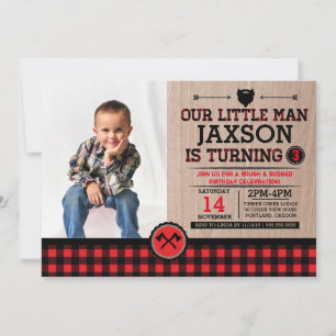 Invitation Fête de bûcheron avec photo, enfant rustique plaid