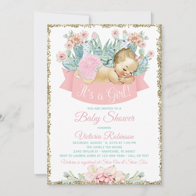 Invitation Fête de Cactus Blonde Fille Baby Shower (Devant)