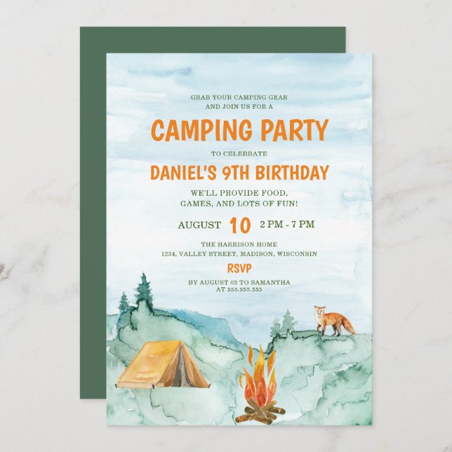 Invitation Fête de camping Bois Aquarelle Tente Anniversaire (Devant / Derrière)