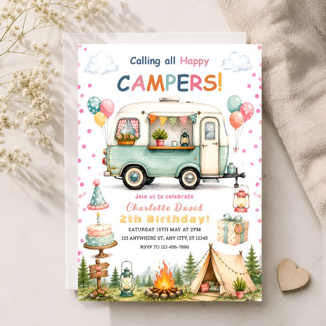 Invitation Fête de camping pour filles 2ème anniversaire (Créateur téléchargé)