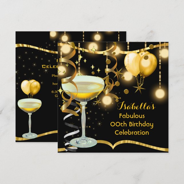 Invitation Fête de célébration Champagne doré fabuleuse (Devant / Derrière)