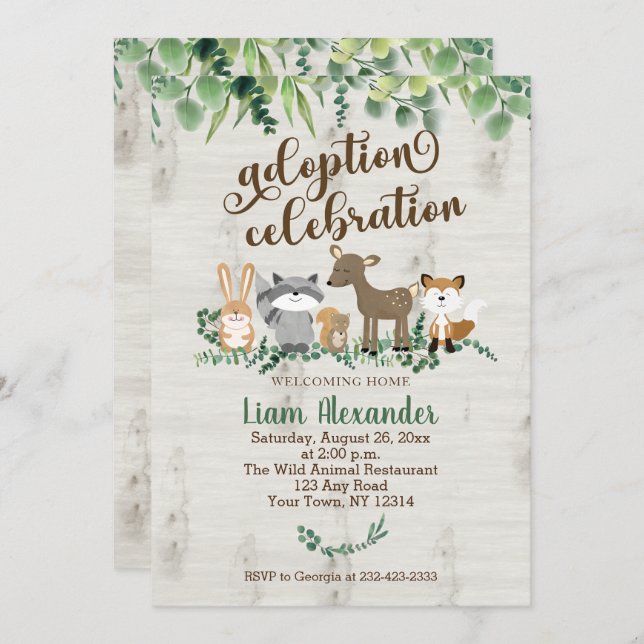 Invitation Fête de célébration d'adoption Animaux de la forêt (Devant / Derrière)