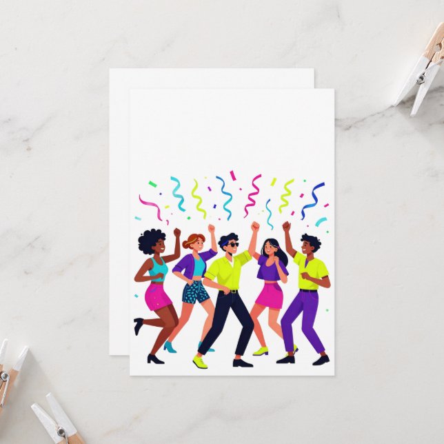 Invitation Fête de célébration de danse d'amis heureux (Devant/Arrière en situation)