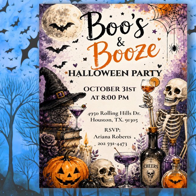 Invitation Fête de célébration d'Halloween Boo's & Booze (Créateur téléchargé)