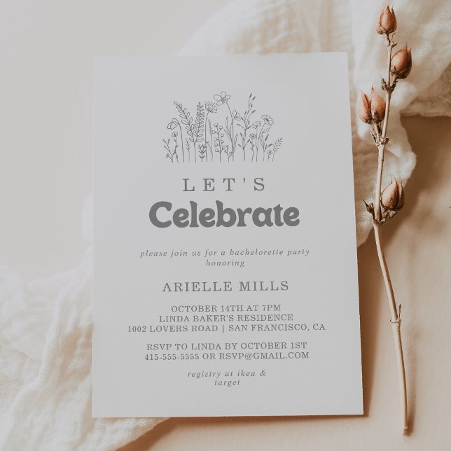 Invitation Fête de célébration minimale de fleur sauvage gris (Créateur téléchargé)