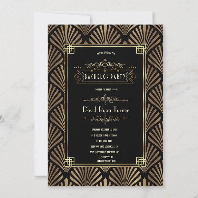 Invitation Fête de célibataire Art Déco noir Gatsby années 20 (Devant)