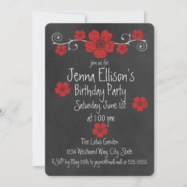 Invitation Fête de Chalkboard Wild Red Roses (Devant)