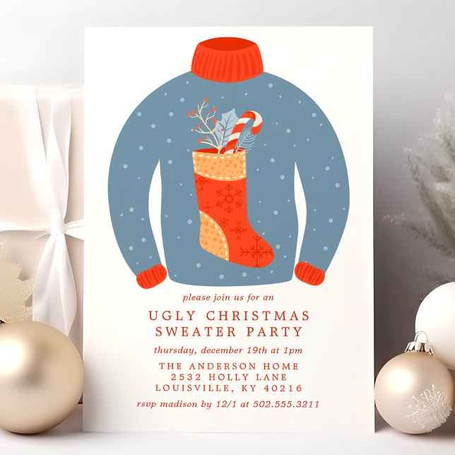 Invitation Fête de chandail de Noël laid avec chaussette de N (Créateur téléchargé)
