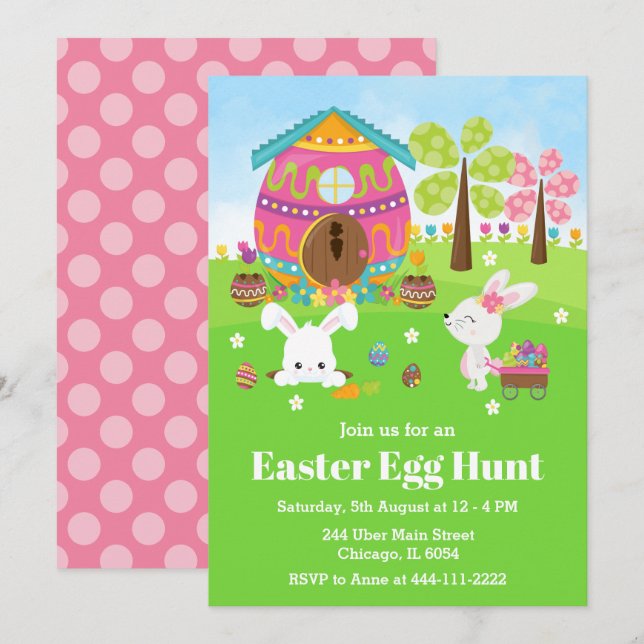 Invitation Fête de chasse aux oeufs de Pâques lapins lapins l (Devant / Derrière)