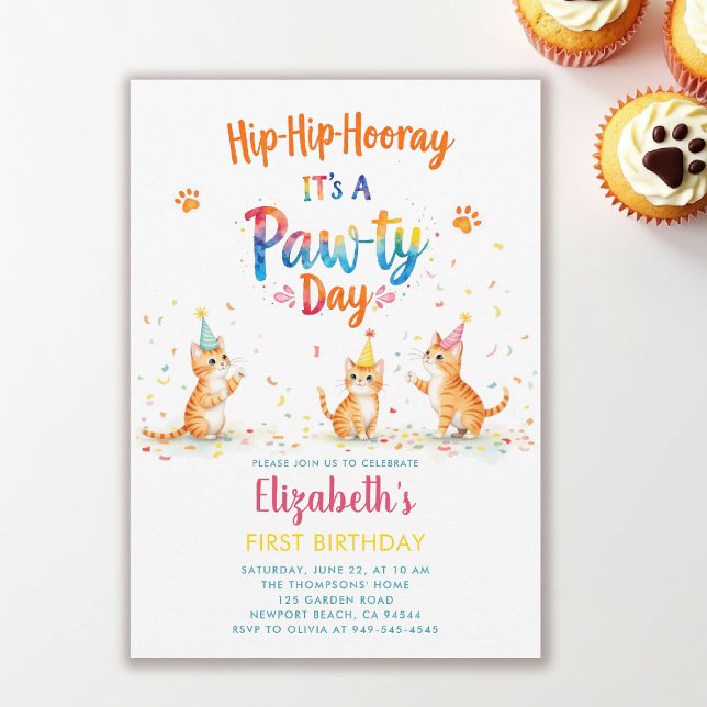 Invitation Fête de chat chatons joueurs enfants mignons 1er a (cat birthday party invitation playful kittens colorful watercolor cute adorable characters kids back)