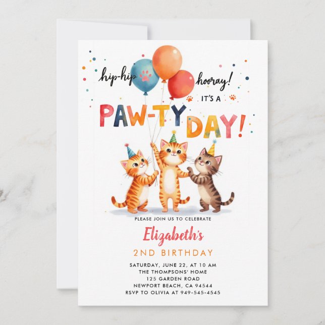 Invitation Fête de chat Chats joueurs Ballons Anniversaire (Devant)
