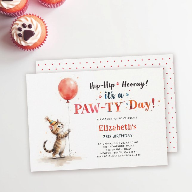 Invitation Fête de chat Mignon petit chaton Ballon rouge Anni (cat themed birthday party invitation kitten balloon watercolor character kids pastel red adorable)