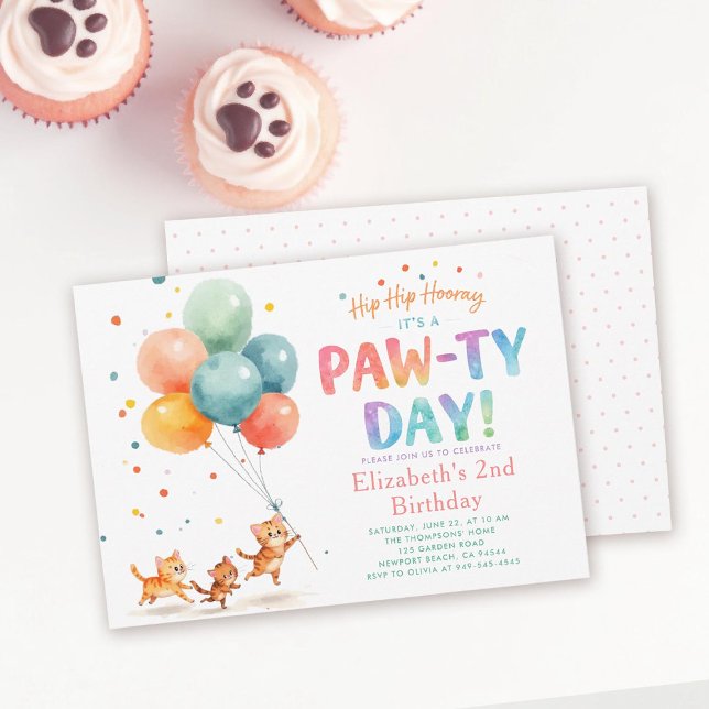 Invitation Fête de chat Minous mignons Ballons Anniversaire e (cat themed birthday party invitation kittens balloons watercolor character kids pastel adorable)