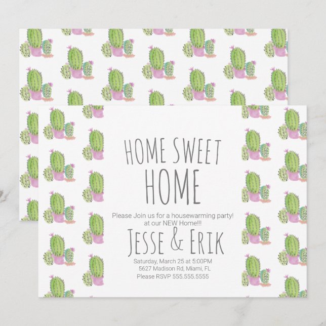 Invitation Fête de Chauffage de Maison avec Plantes de Cactus (Devant / Derrière)