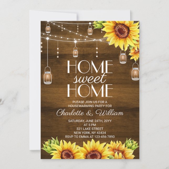 Invitation Fête de Chauffage Maison Fleur de Tournesol Bois R (Devant)