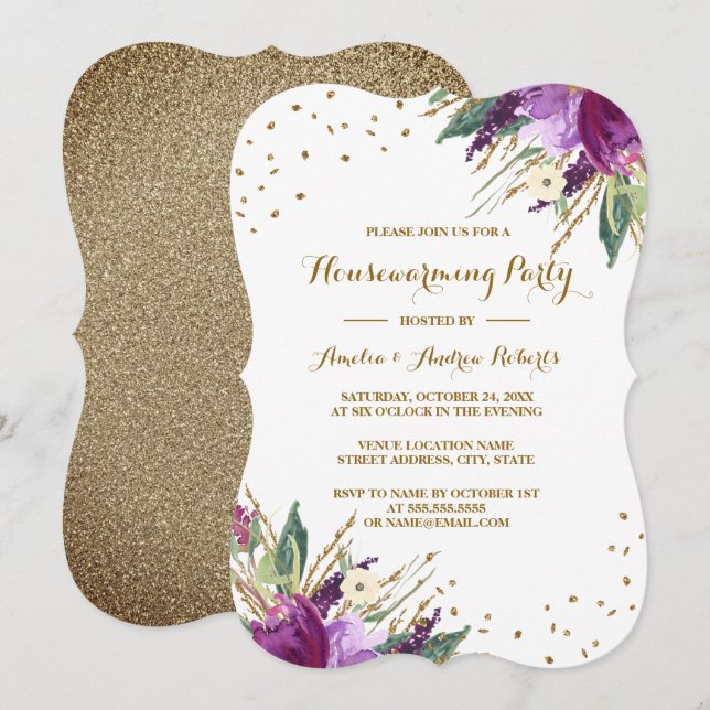 Invitation Fête de Chauffage Maison Fleur Or Violet Aquarelle (Devant / Derrière)