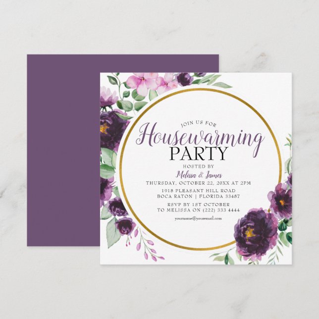 Invitation Fête de Chauffage Maison Fleurie Élégante Violette (Devant / Derrière)
