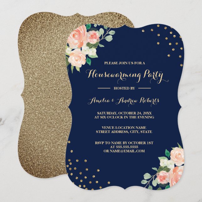 Invitation Fête de Chauffage Maison Fleurs Confettis Or Marin (Devant / Derrière)