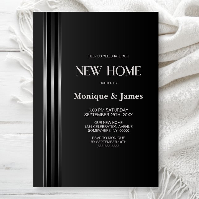 Invitation Fête de Chauffage Maison Noir et Gris à Rayures Ar (Créateur téléchargé)