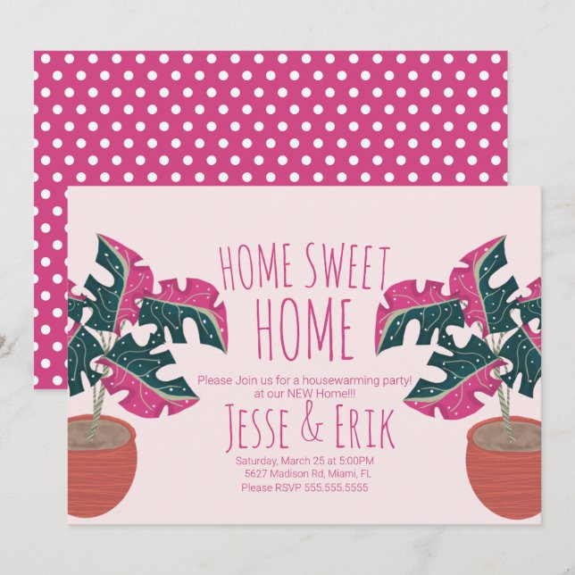 Invitation Fête de Chauffage Maison Tropicale Rose Monstera (Devant / Derrière)