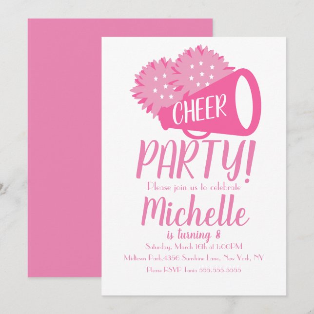 Invitation Fête de Cheerleading Anniversaire Rose  (Devant / Derrière)