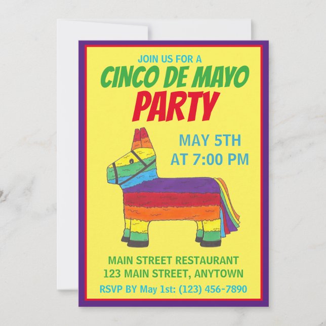 Invitation Fête de Cinco de Mayo Fiesta Âne Arc-en-Ciel Pinat (Devant)