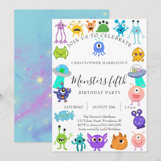 Invitation Fête de cinquième anniversaire monstre (Devant / Derrière)