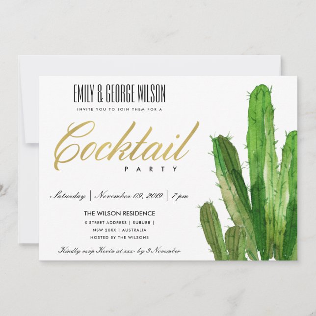 INVITATION FÊTE DE COCKTAIL A L'AQUARELLE FEUILLES DE CACTUS  (Devant)