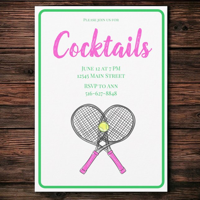 Invitation Fête de Cocktail aux Raquettes de Tennis Rose Prép (Créateur téléchargé)