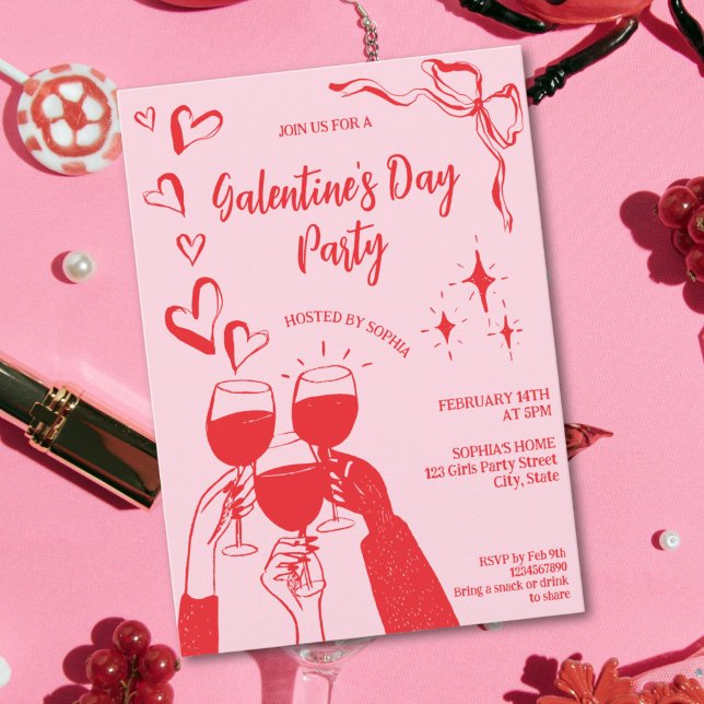 Invitation Fête de cocktail de la Saint-Valentin rose dessiné (Cocktail party galentine's day )