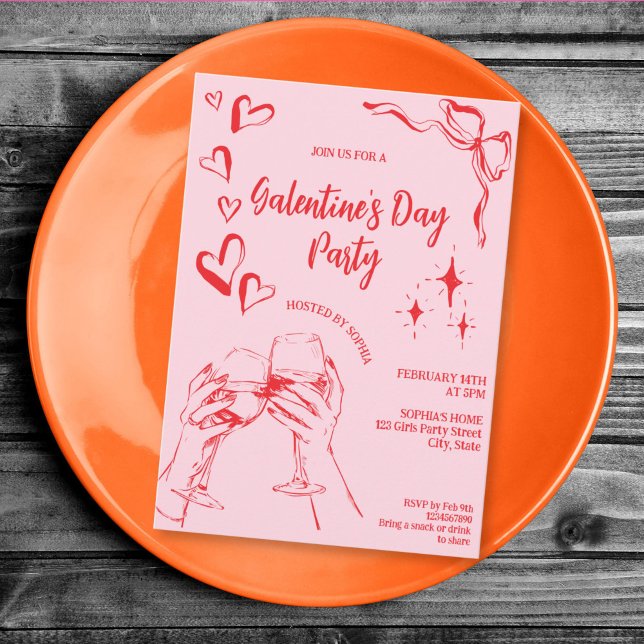 Invitation Fête de cocktail de la Saint-Valentin rose dessiné (hand drawn whimsical red and pink Galentine's party)