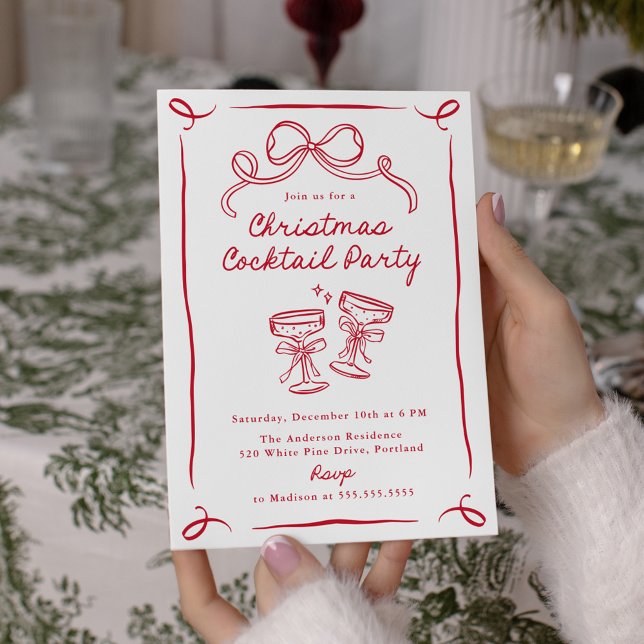 Invitation Fête de cocktail de Noël à l'arc rouge dessiné à l (Créateur téléchargé)