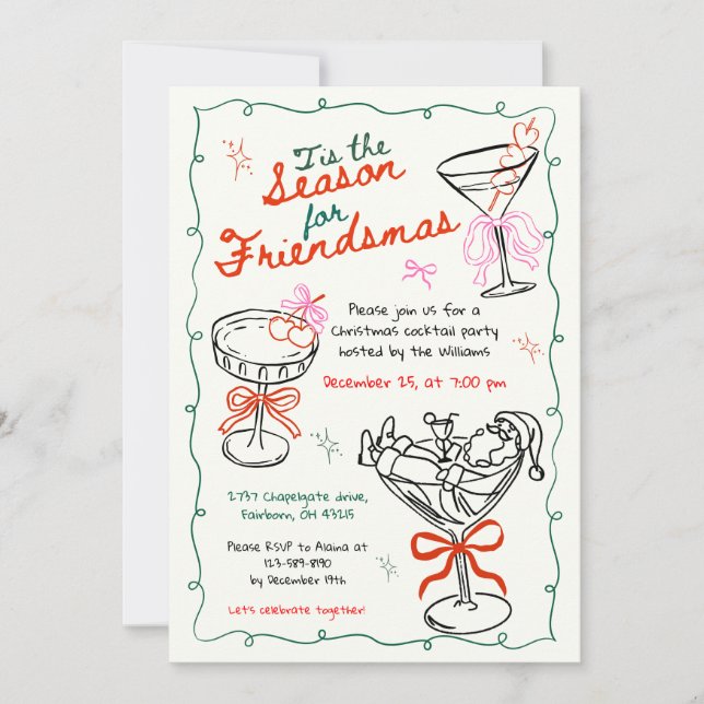 Invitation Fête de cocktail de Noël au dessin à main levée (Devant)