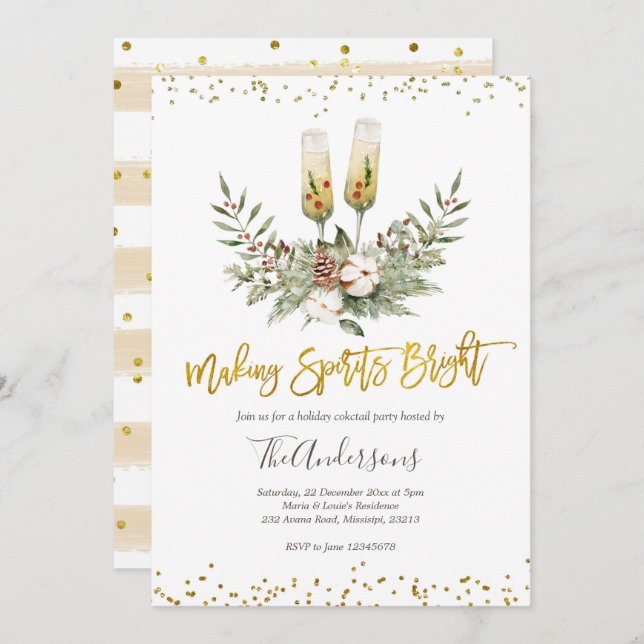 Invitation Fête de Cocktail de Noël avec des esprits brillant (Devant / Derrière)